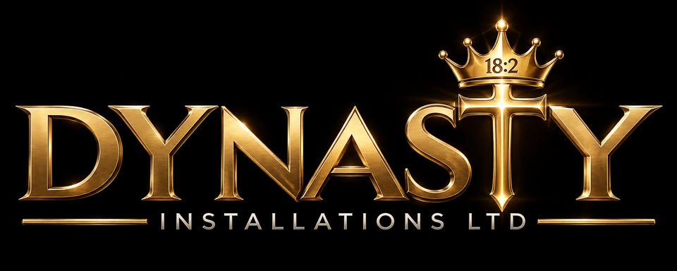 Dynasty Installations Ltd — gold crowned-cross T with 18:2 inside the crown