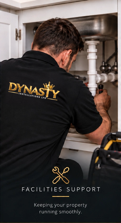 Facilities support — keeping your property running smoothly. A technician working beneath a sink, wearing the approved Dynasty logo.