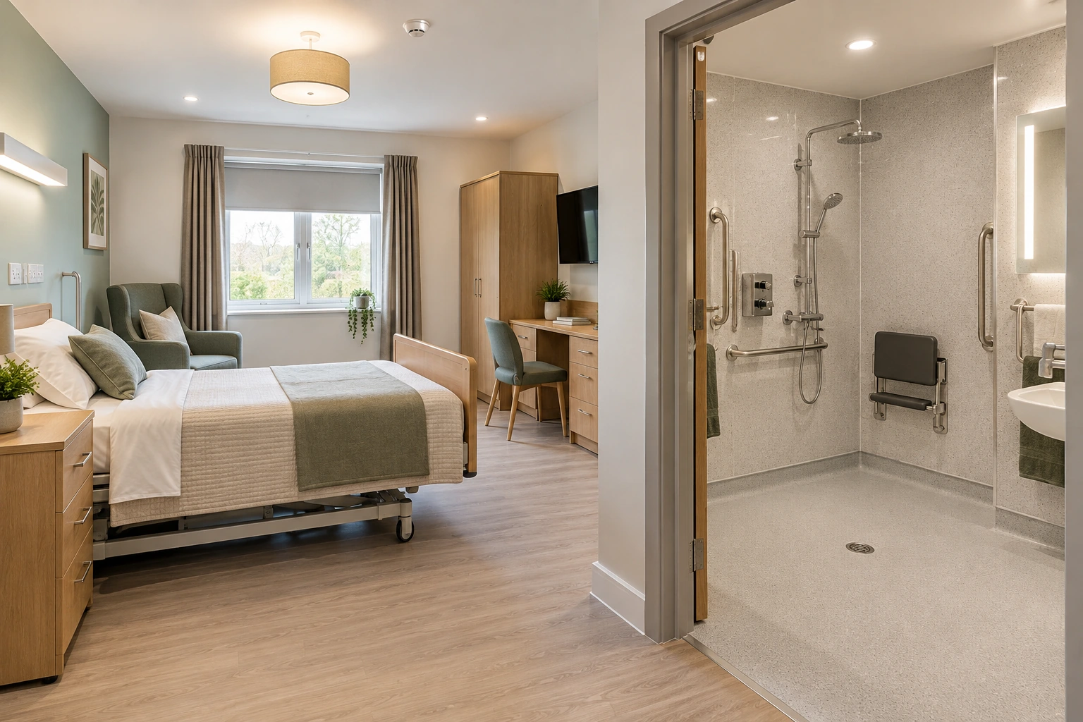 Illustrative healthcare bedroom with an adjoining accessible wetroom