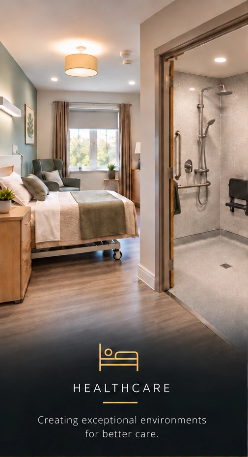 Healthcare — creating exceptional environments for better care. An illustrative hospital bedroom and wetroom.
